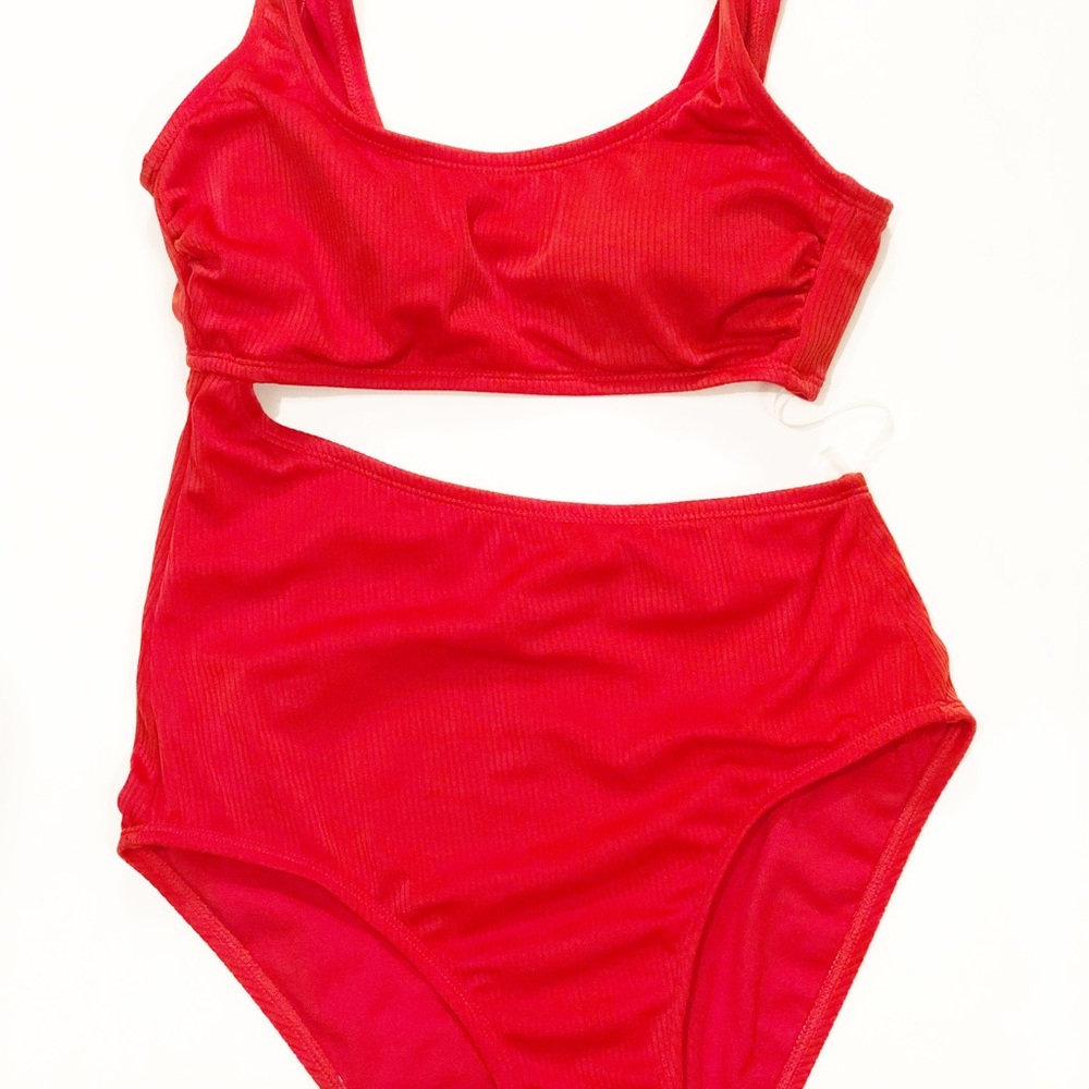 Kona Sol Red Cutout 1 Piece Ribbed Swimsuit